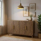FurnitureR 55" Buffet moderne en bois avec 4 portes, motif géométrique sculpté et poignées dorées pour salle à manger, salon ou entrée