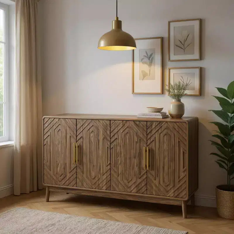 FurnitureR 55" Buffet moderne en bois avec 4 portes, motif géométrique sculpté et poignées dorées pour salle à manger, salon ou entrée