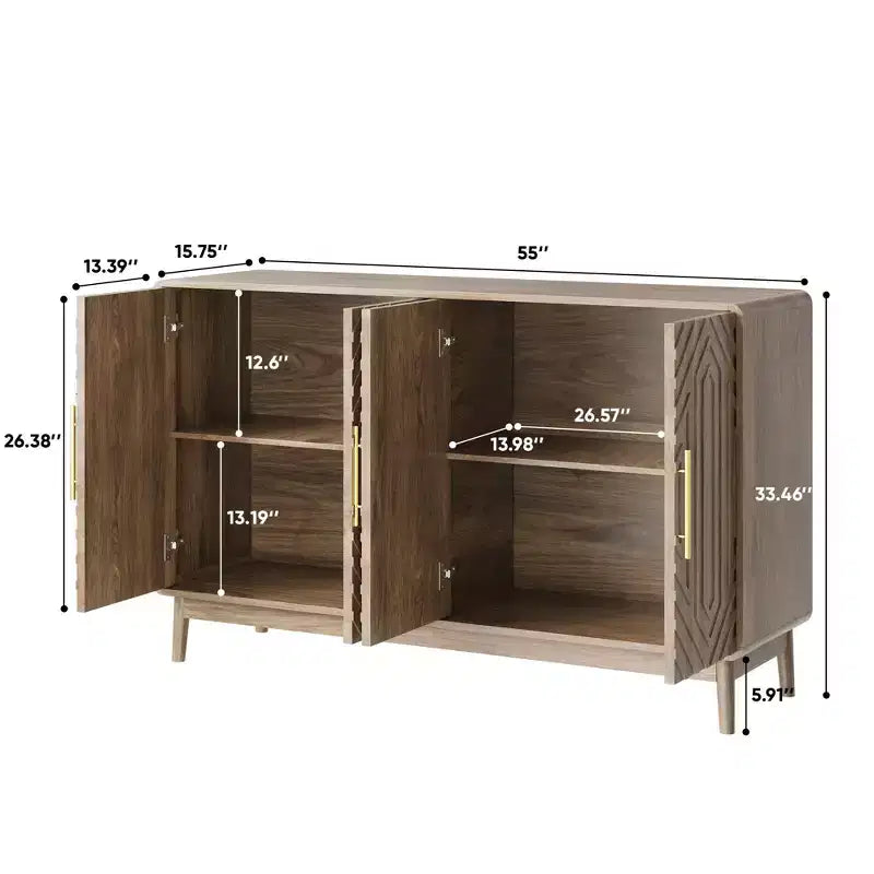 FurnitureR 55" Buffet moderne en bois avec 4 portes, motif géométrique sculpté et poignées dorées pour salle à manger, salon ou entrée