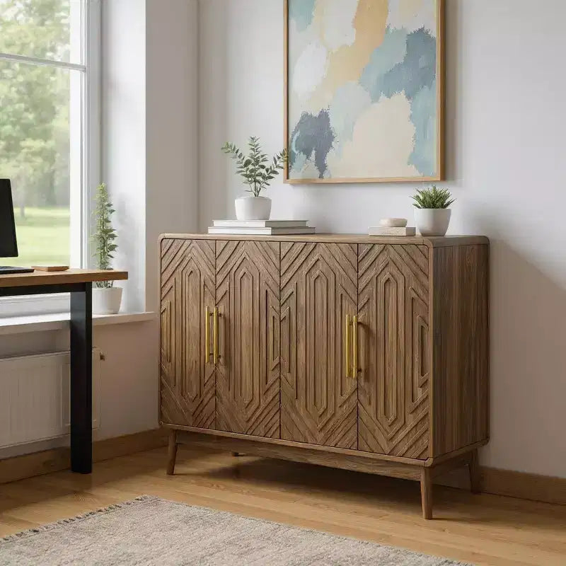 FurnitureR 55" Buffet moderne en bois avec 4 portes, motif géométrique sculpté et poignées dorées pour salle à manger, salon ou entrée