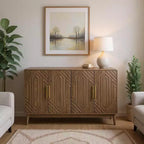 FurnitureR 55" Buffet moderne en bois avec 4 portes, motif géométrique sculpté et poignées dorées pour salle à manger, salon ou entrée