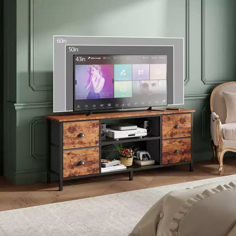 Meuble TV marron Qwatto 140 cm pour TV jusqu'à 152 cm, avec 4 tiroirs, console média, centre de divertissement, étagères ouvertes, rangement pour chambre et salon