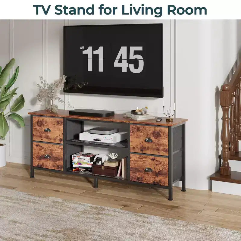 Meuble TV marron Qwatto 140 cm pour TV jusqu'à 152 cm, avec 4 tiroirs, console média, centre de divertissement, étagères ouvertes, rangement pour chambre et salon