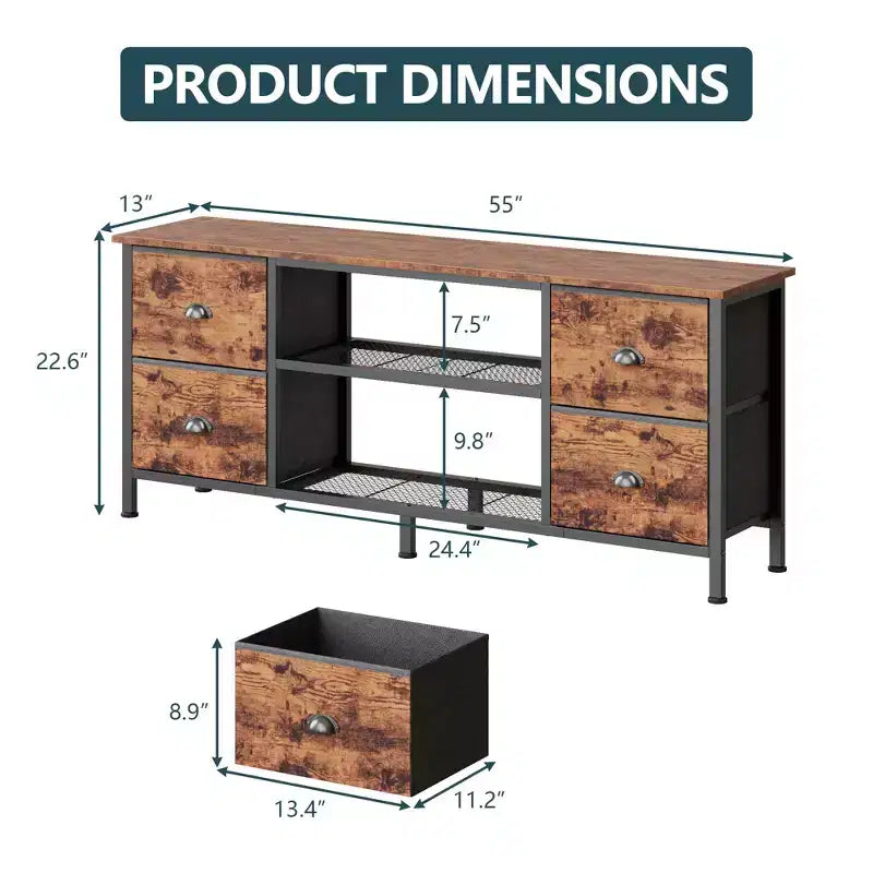 Meuble TV marron Qwatto 140 cm pour TV jusqu'à 152 cm, avec 4 tiroirs, console média, centre de divertissement, étagères ouvertes, rangement pour chambre et salon