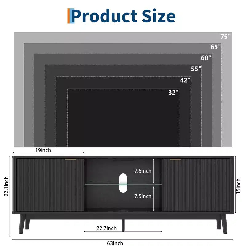 Meuble TV, Meuble de divertissement pour TV de 75 pouces, Console multimédia cannelée avec étagères réglables, Meuble de salon noir