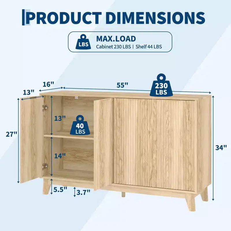 Buffet cannelé, Armoire de rangement cannelée moderne de 140 cm avec étagères réglables et portes, Buffet d'appoint pour cuisine, bar à café