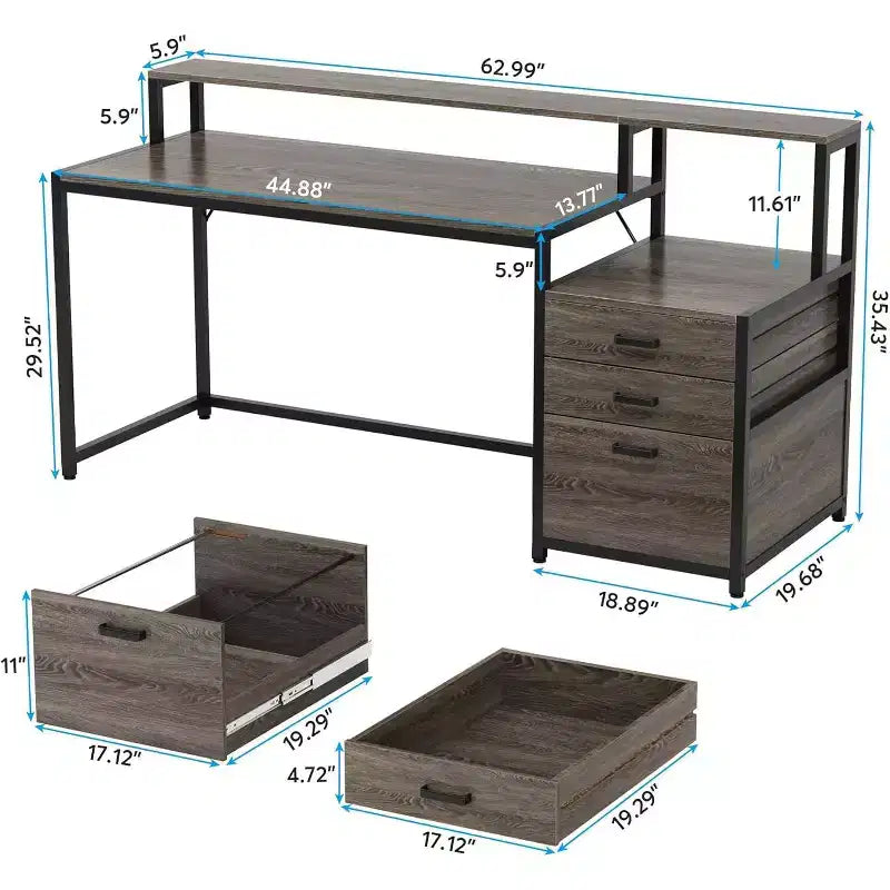 Lantine Bureau d'ordinateur industriel de 160 cm avec tiroir de classement, support d'écran, espace imprimante, poste de travail ergonomique pour bureau à domicile.