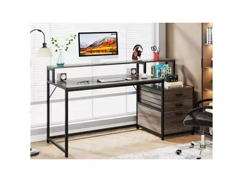 Lantine Bureau d'ordinateur industriel de 160 cm avec tiroir de classement, support d'écran, espace imprimante, poste de travail ergonomique pour bureau à domicile.