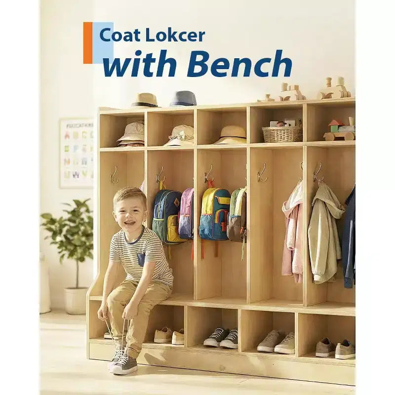Vestiaire Enfant avec Banc pour Salle de Classe, Surface en Bois Lisse 10 Casiers, Rangement de Crèche avec 4 Roulettes Cachées et 10 Crochets, Organisateur de Rangement à Casiers