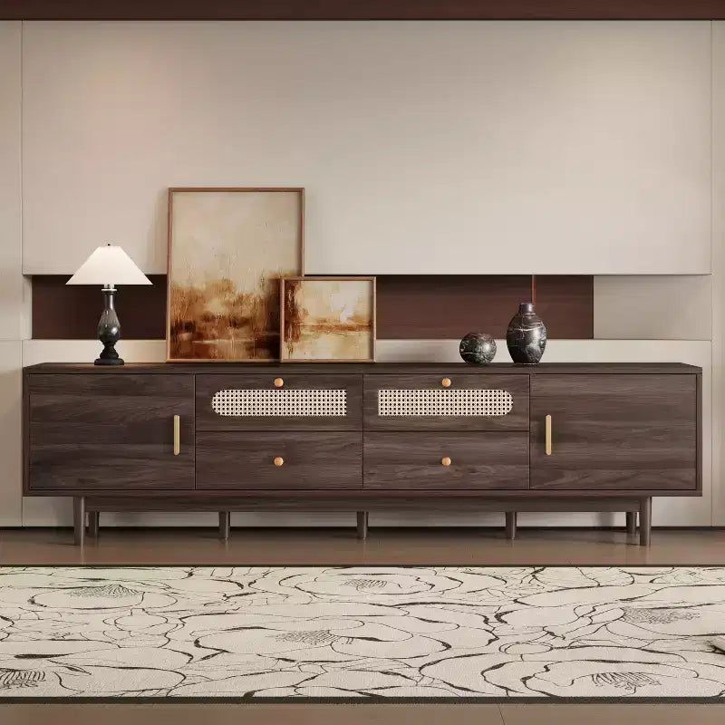 GDFStudio Arjun Modern 76 Wood TV Stand with Drawers and Rattan Storage Cabinet