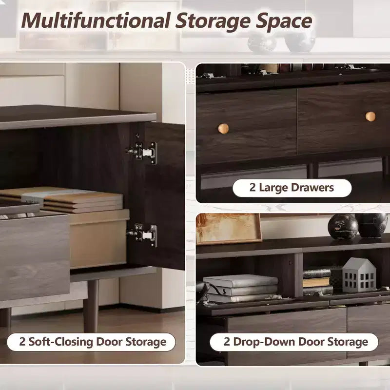 Meuble TV moderne GDFStudio Arjun 76 en bois avec tiroirs et armoire de rangement en rotin