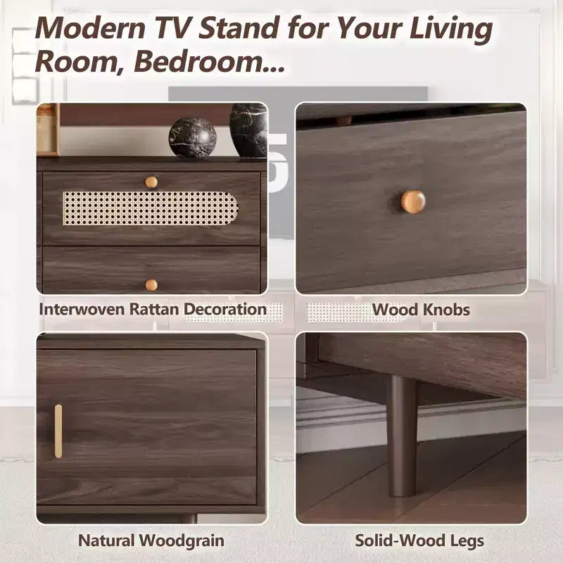 Meuble TV moderne GDFStudio Arjun 76 en bois avec tiroirs et armoire de rangement en rotin