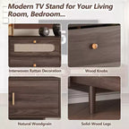 Meuble TV moderne GDFStudio Arjun 76 en bois avec tiroirs et armoire de rangement en rotin