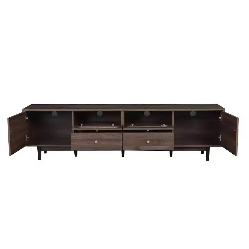 Meuble TV moderne GDFStudio Arjun 76 en bois avec tiroirs et armoire de rangement en rotin