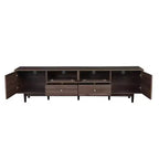 Meuble TV moderne GDFStudio Arjun 76 en bois avec tiroirs et armoire de rangement en rotin