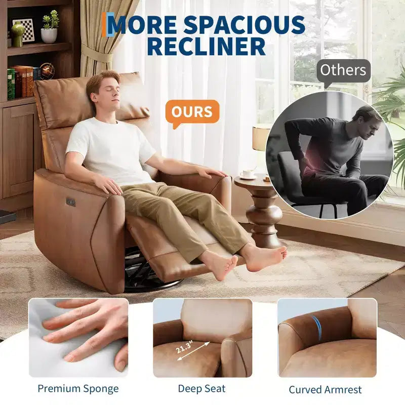 Fauteuil inclinable électrique moderne avec ports USB - Fauteuil à bascule pivotant à 270° en cuir PU pour salon, chambre d'enfant ou chambre à coucher - Marron