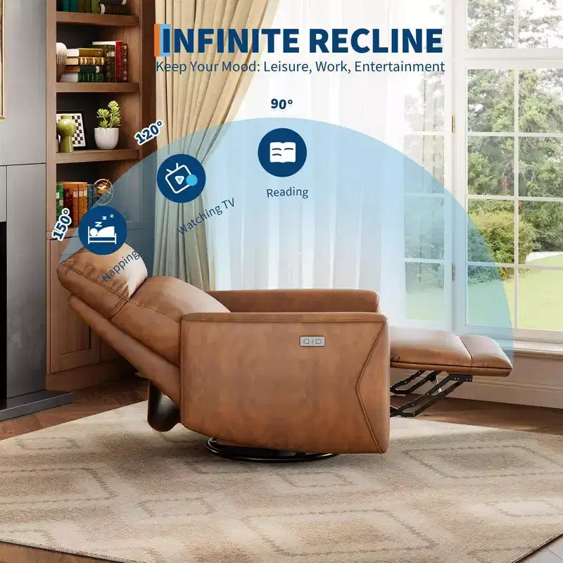 Fauteuil inclinable électrique moderne avec ports USB - Fauteuil à bascule pivotant à 270° en cuir PU pour salon, chambre d'enfant ou chambre à coucher - Marron