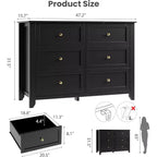 Grande commode moderne noire à 6 tiroirs en bois, tiroirs profonds et poignées métalliques pour chambre à coucher, entrée, couloir