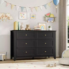 Grande commode moderne noire à 6 tiroirs en bois, tiroirs profonds et poignées métalliques pour chambre à coucher, entrée, couloir