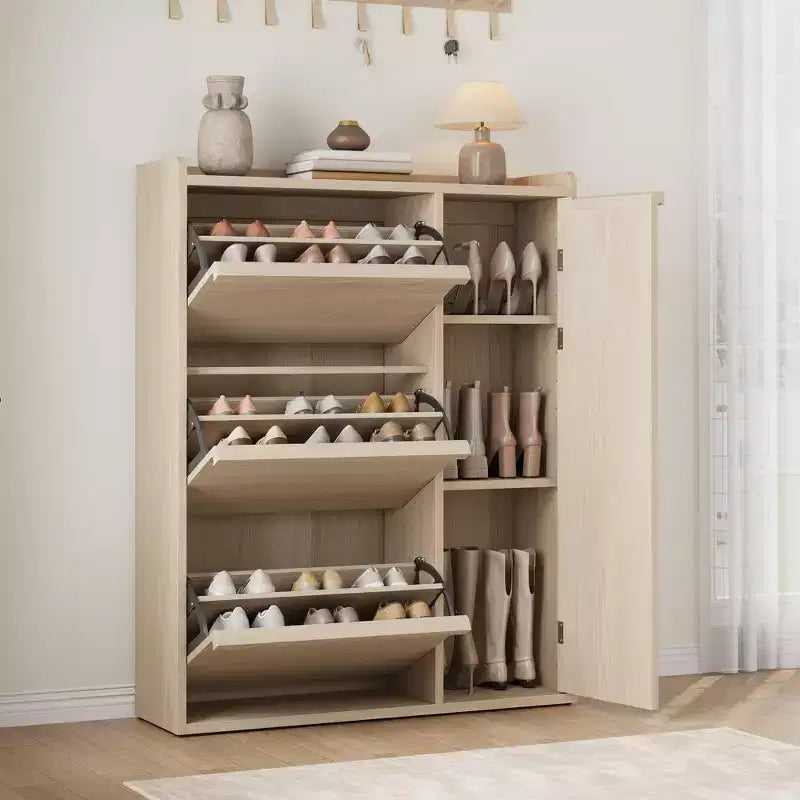 Meuble à chaussures autoportant dissimulé avec 3 tiroirs basculants, porte latérale et étagères réglables, organisateur d'entrée en bois pour couloir et salon