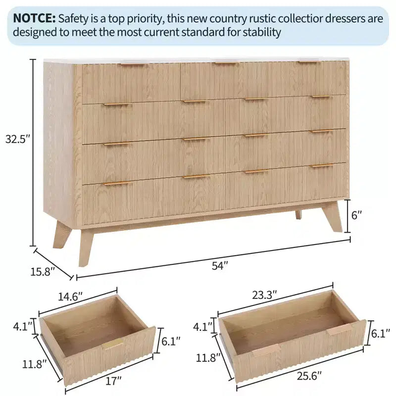 Commode moderne cannelée à 9 tiroirs de 137 cm, en bois avec poignées en métal et profil incurvé, élégant meuble TV pour chambre, salon, entrée