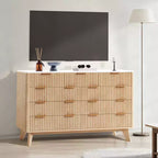 Commode moderne cannelée à 9 tiroirs de 137 cm, en bois avec poignées en métal et profil incurvé, élégant meuble TV pour chambre, salon, entrée