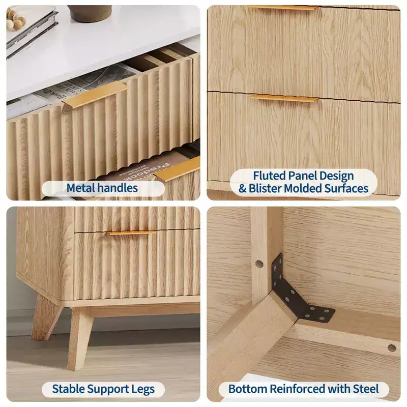 Commode moderne cannelée à 9 tiroirs de 137 cm, en bois avec poignées en métal et profil incurvé, élégant meuble TV pour chambre, salon, entrée