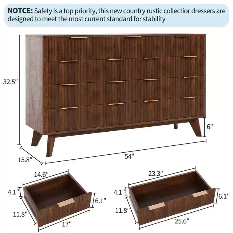 Commode moderne cannelée à 9 tiroirs de 137 cm, en bois avec poignées en métal et profil incurvé, élégant meuble TV pour chambre, salon, entrée