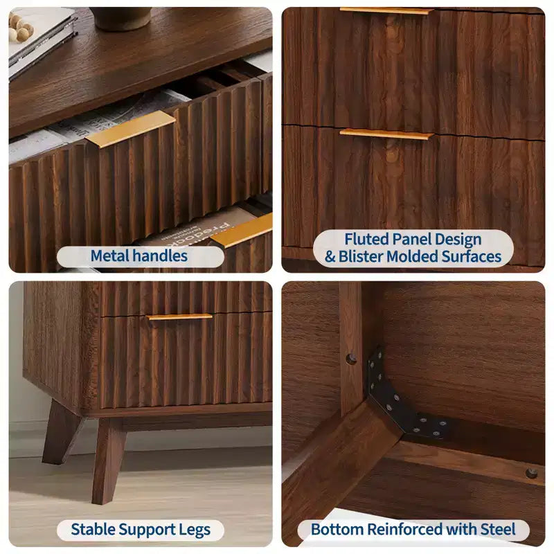 Commode moderne cannelée à 9 tiroirs de 137 cm, en bois avec poignées en métal et profil incurvé, élégant meuble TV pour chambre, salon, entrée