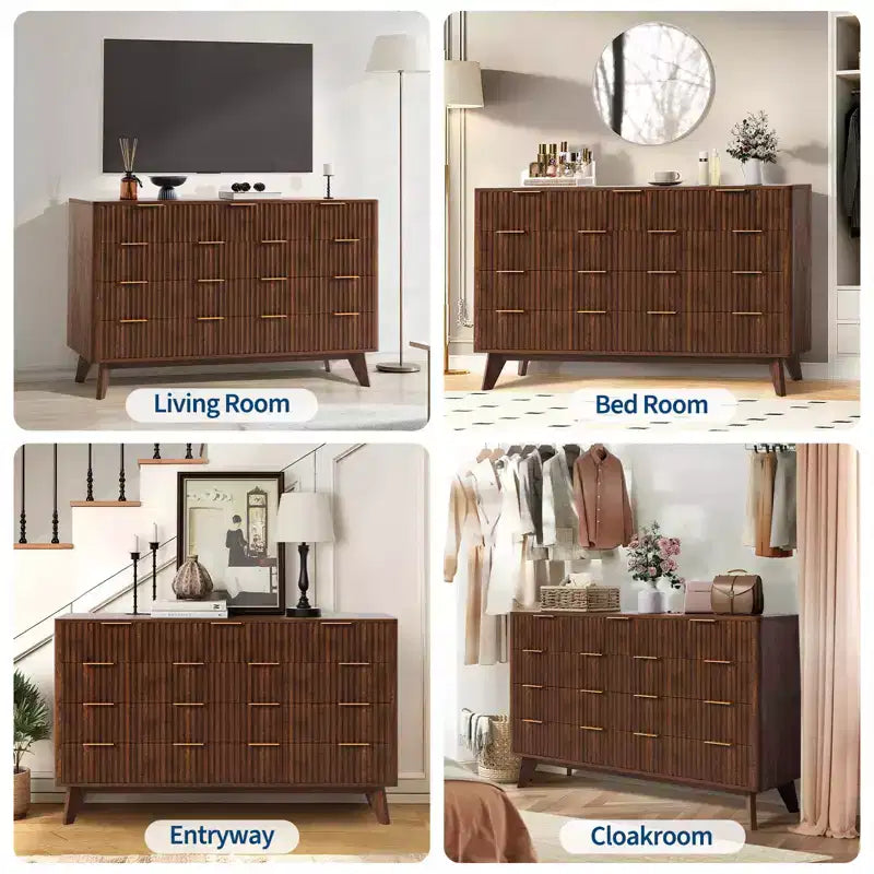 Commode moderne cannelée à 9 tiroirs de 137 cm, en bois avec poignées en métal et profil incurvé, élégant meuble TV pour chambre, salon, entrée