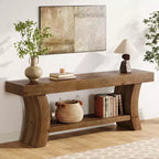 Console Lantine 63 en bois massif, table basse de ferme à 2 niveaux, console TV basse pour salon, entrée, couloir (marron foncé)