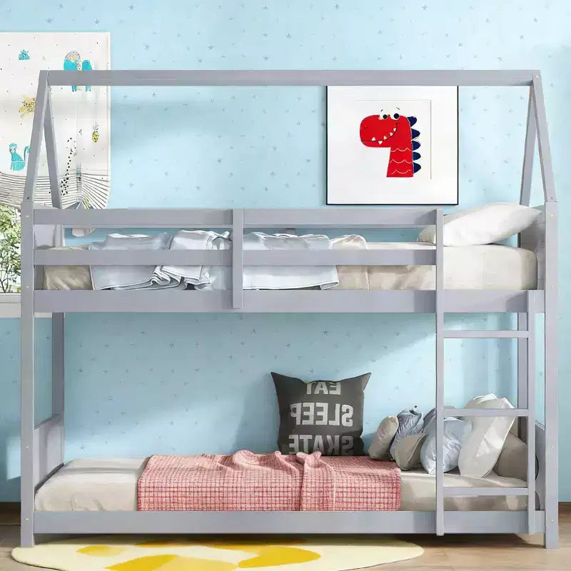 Lit superposé cabane Luxystar double sur double avec tête de lit, pied de lit et garde-corps
