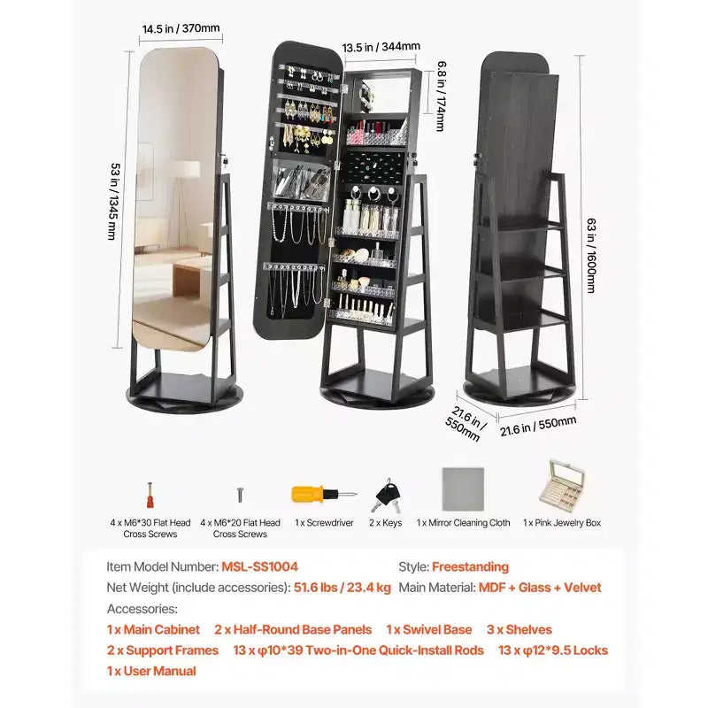 Meuble à Bijoux Rotatif VEVOR 360°, Hauteur 160 cm, Miroir Pleine Longueur avec Rangement, Armoire à Bijoux Rotative Autoportante, avec 2 Clés, Noir