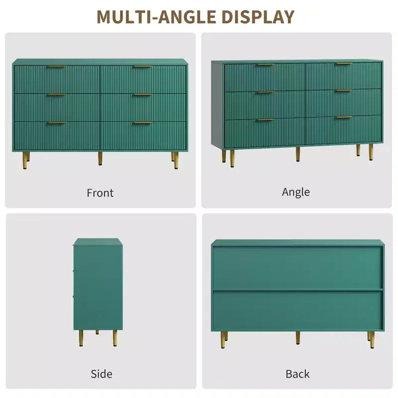 Commode moderne noire à 6 tiroirs, en bois cannelé, avec poignées et pieds en métal doré, grand organisateur de rangement pour chambre à coucher, salon et entrée