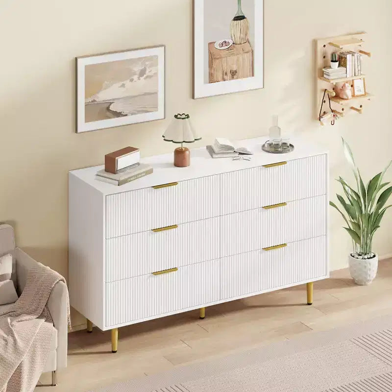 Commode moderne noire à 6 tiroirs, en bois cannelé, avec poignées et pieds en métal doré, grand organisateur de rangement pour chambre à coucher, salon et entrée