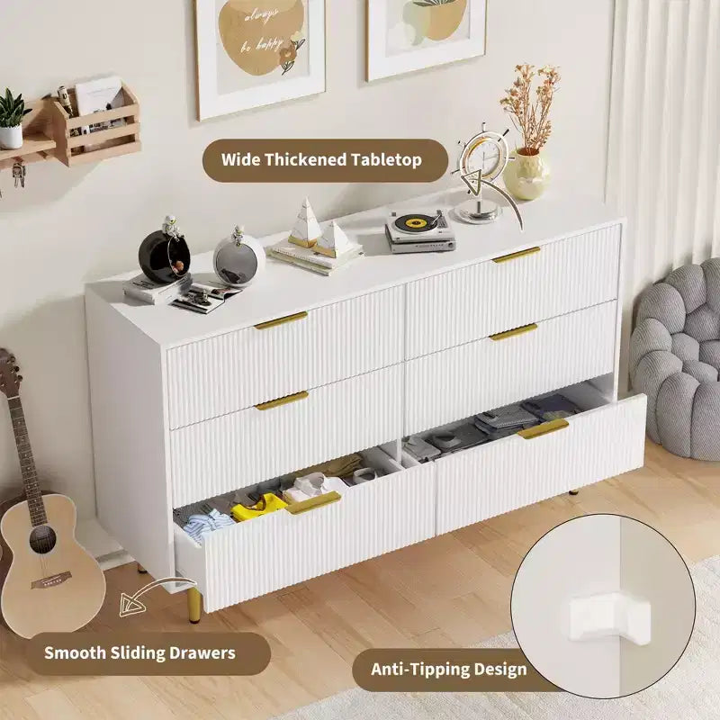 Commode moderne noire à 6 tiroirs, en bois cannelé, avec poignées et pieds en métal doré, grand organisateur de rangement pour chambre à coucher, salon et entrée