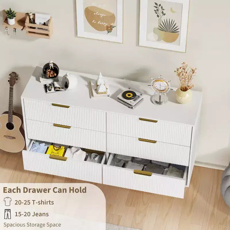 Commode moderne noire à 6 tiroirs, en bois cannelé, avec poignées et pieds en métal doré, grand organisateur de rangement pour chambre à coucher, salon et entrée