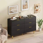 Commode moderne noire à 6 tiroirs, en bois cannelé, avec poignées et pieds en métal doré, grand organisateur de rangement pour chambre à coucher, salon et entrée