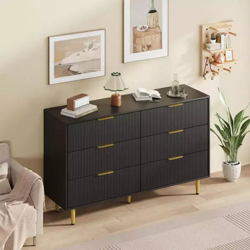 Commode moderne noire à 6 tiroirs, en bois cannelé, avec poignées et pieds en métal doré, grand organisateur de rangement pour chambre à coucher, salon et entrée