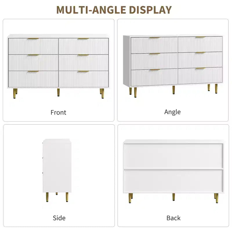 Commode moderne noire à 6 tiroirs, en bois cannelé, avec poignées et pieds en métal doré, grand organisateur de rangement pour chambre à coucher, salon et entrée