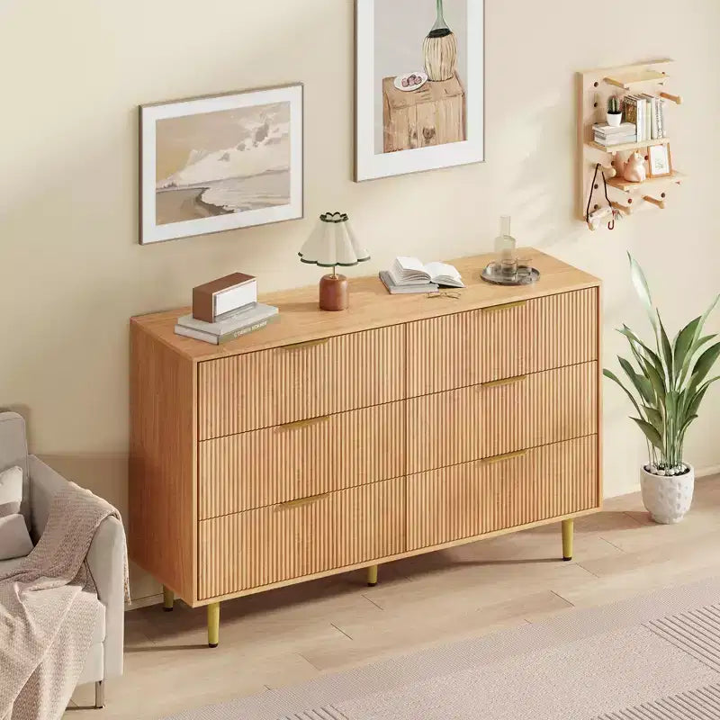 Commode moderne noire à 6 tiroirs, en bois cannelé, avec poignées et pieds en métal doré, grand organisateur de rangement pour chambre à coucher, salon et entrée