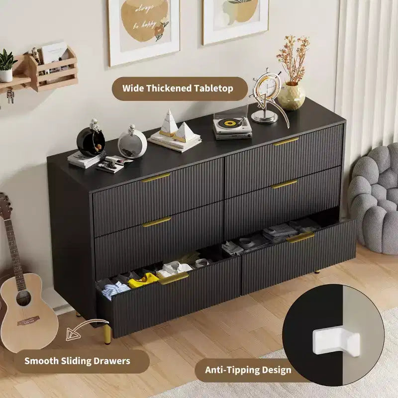 Commode moderne noire à 6 tiroirs, en bois cannelé, avec poignées et pieds en métal doré, grand organisateur de rangement pour chambre à coucher, salon et entrée