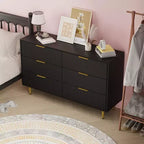 Commode moderne noire à 6 tiroirs, en bois cannelé, avec poignées et pieds en métal doré, grand organisateur de rangement pour chambre à coucher, salon et entrée