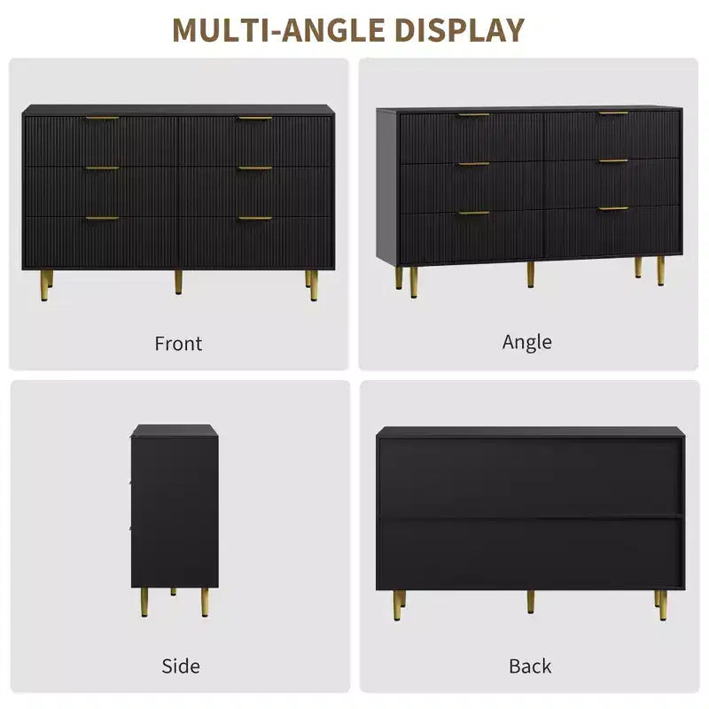 Commode moderne noire à 6 tiroirs, en bois cannelé, avec poignées et pieds en métal doré, grand organisateur de rangement pour chambre à coucher, salon et entrée