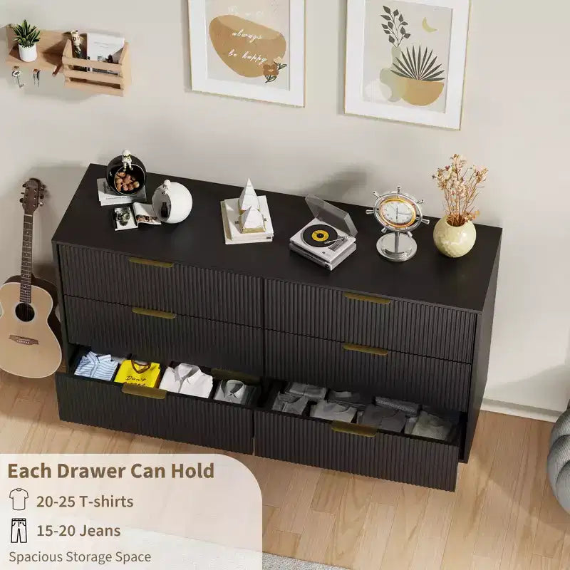 Commode moderne noire à 6 tiroirs, en bois cannelé, avec poignées et pieds en métal doré, grand organisateur de rangement pour chambre à coucher, salon et entrée