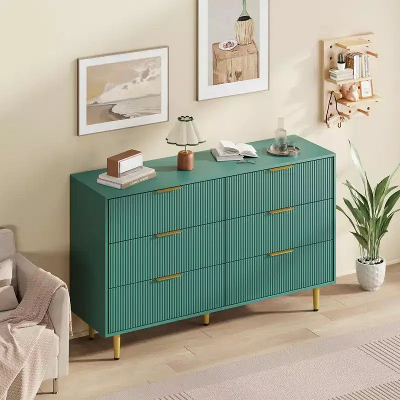 Commode moderne noire à 6 tiroirs, en bois cannelé, avec poignées et pieds en métal doré, grand organisateur de rangement pour chambre à coucher, salon et entrée