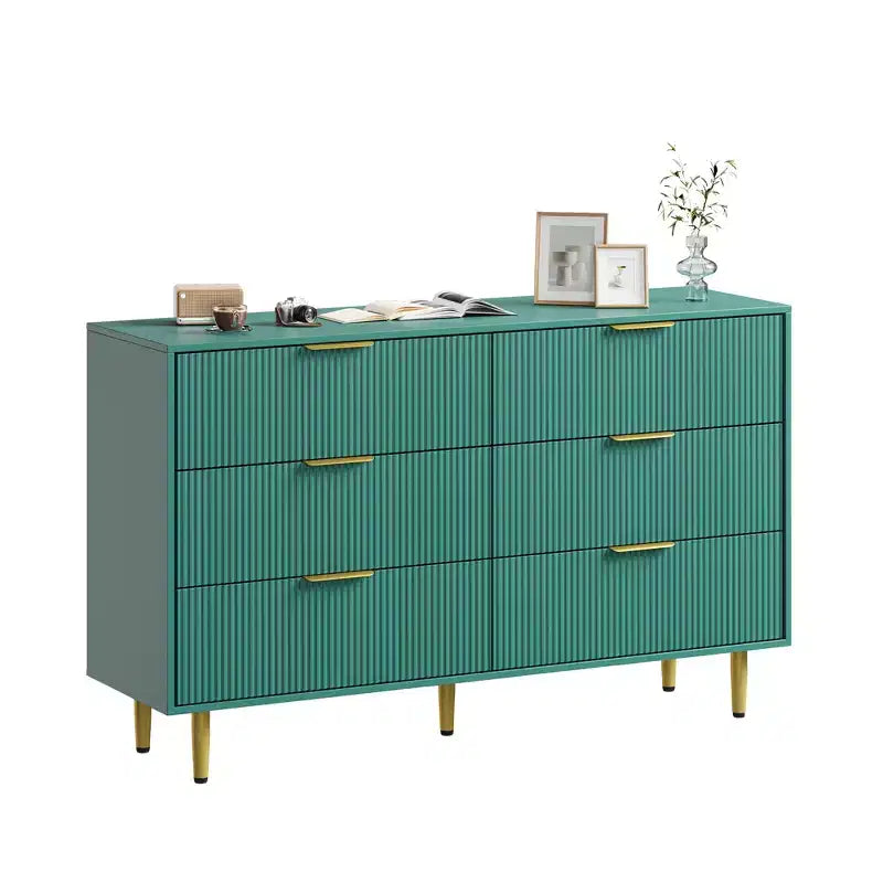 Commode moderne noire à 6 tiroirs, en bois cannelé, avec poignées et pieds en métal doré, grand organisateur de rangement pour chambre à coucher, salon et entrée