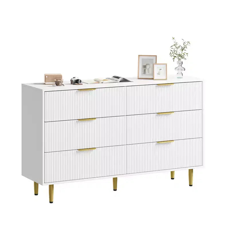 Commode moderne noire à 6 tiroirs, en bois cannelé, avec poignées et pieds en métal doré, grand organisateur de rangement pour chambre à coucher, salon et entrée