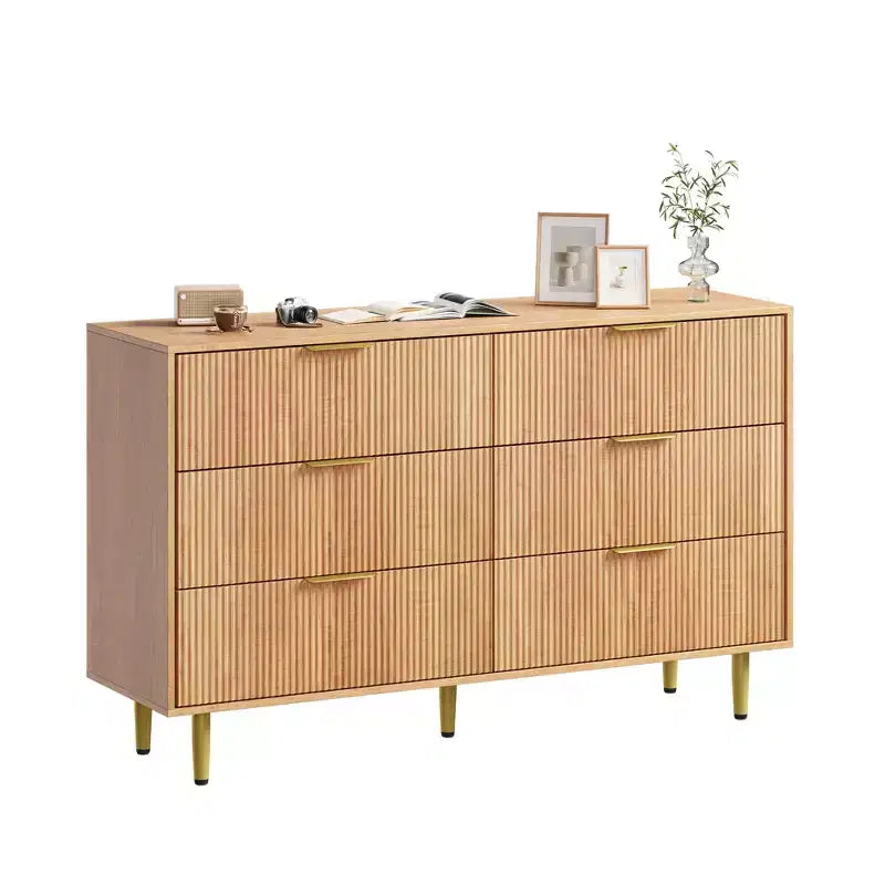 Commode moderne noire à 6 tiroirs, en bois cannelé, avec poignées et pieds en métal doré, grand organisateur de rangement pour chambre à coucher, salon et entrée