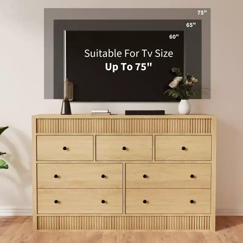 Commode en bois à 7 tiroirs de 137 cm de large, avec façades cannelées, organisateur de rangement pour chambre, salon, couloir et entrée